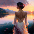 Woman in elegant dress and hat by serene lake at sunset with flowers and mountains.