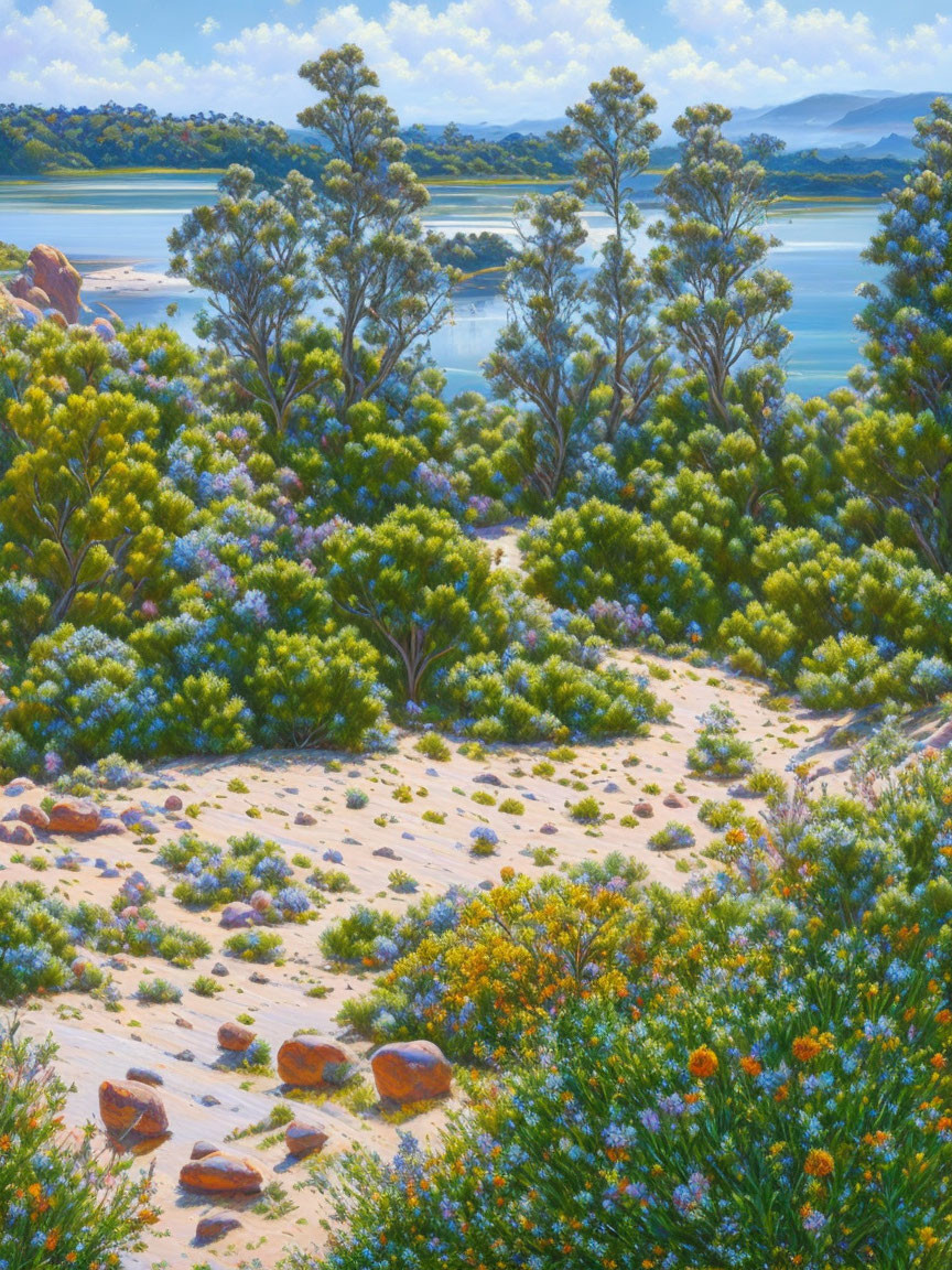 Sandy landscape with greenery, mountains, river, and blue sky