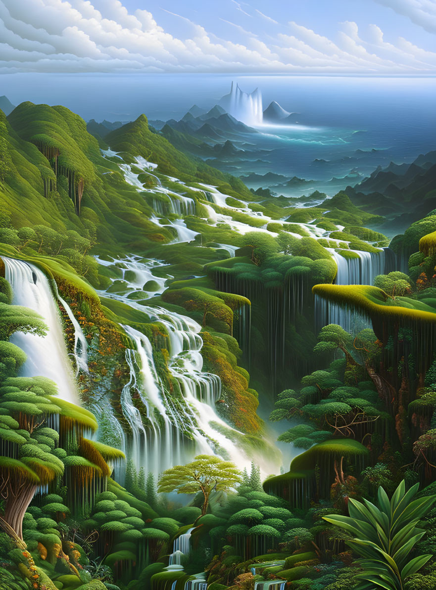 Vibrant greenery, cascading waterfalls, misty mountains in bright sky