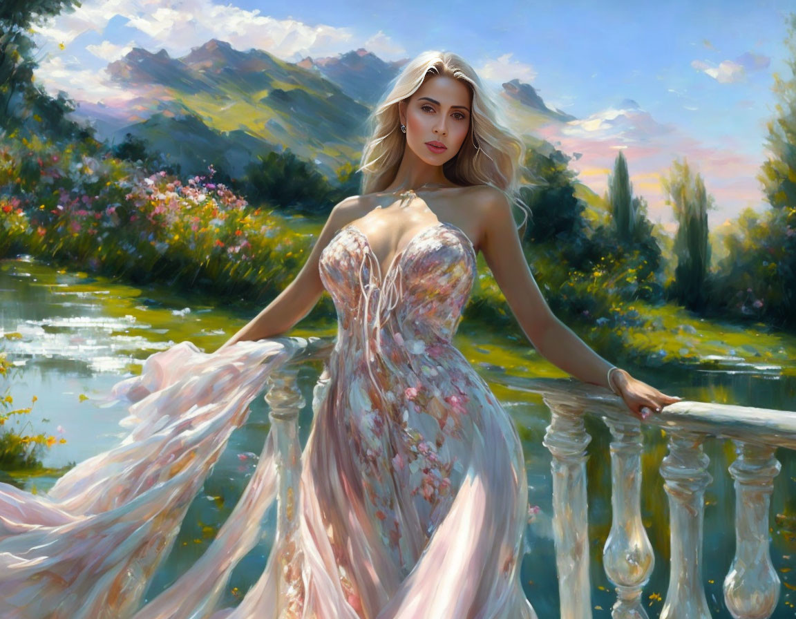 Woman in floral dress by balustrade in lush landscape