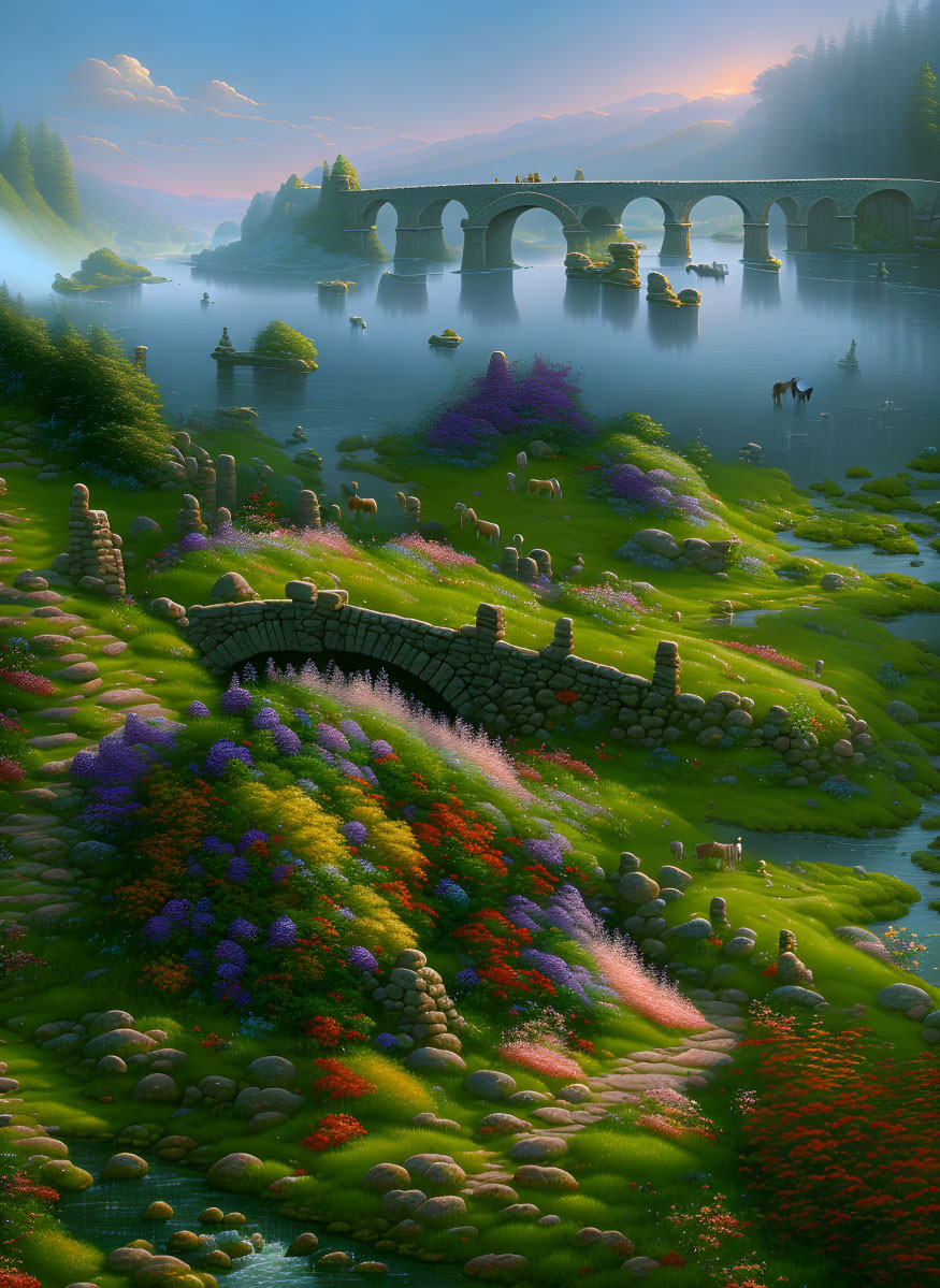 Vibrant fantasy landscape with flowering hills, ancient bridge, misty background, grazing animals