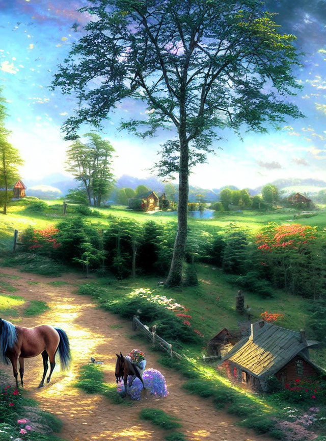 Tranquil countryside scene with horse, cottages, and starlit sky