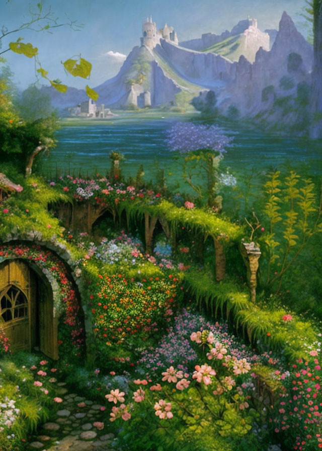 Lush garden with hidden door, blooming flowers, cobblestone path, distant castle.