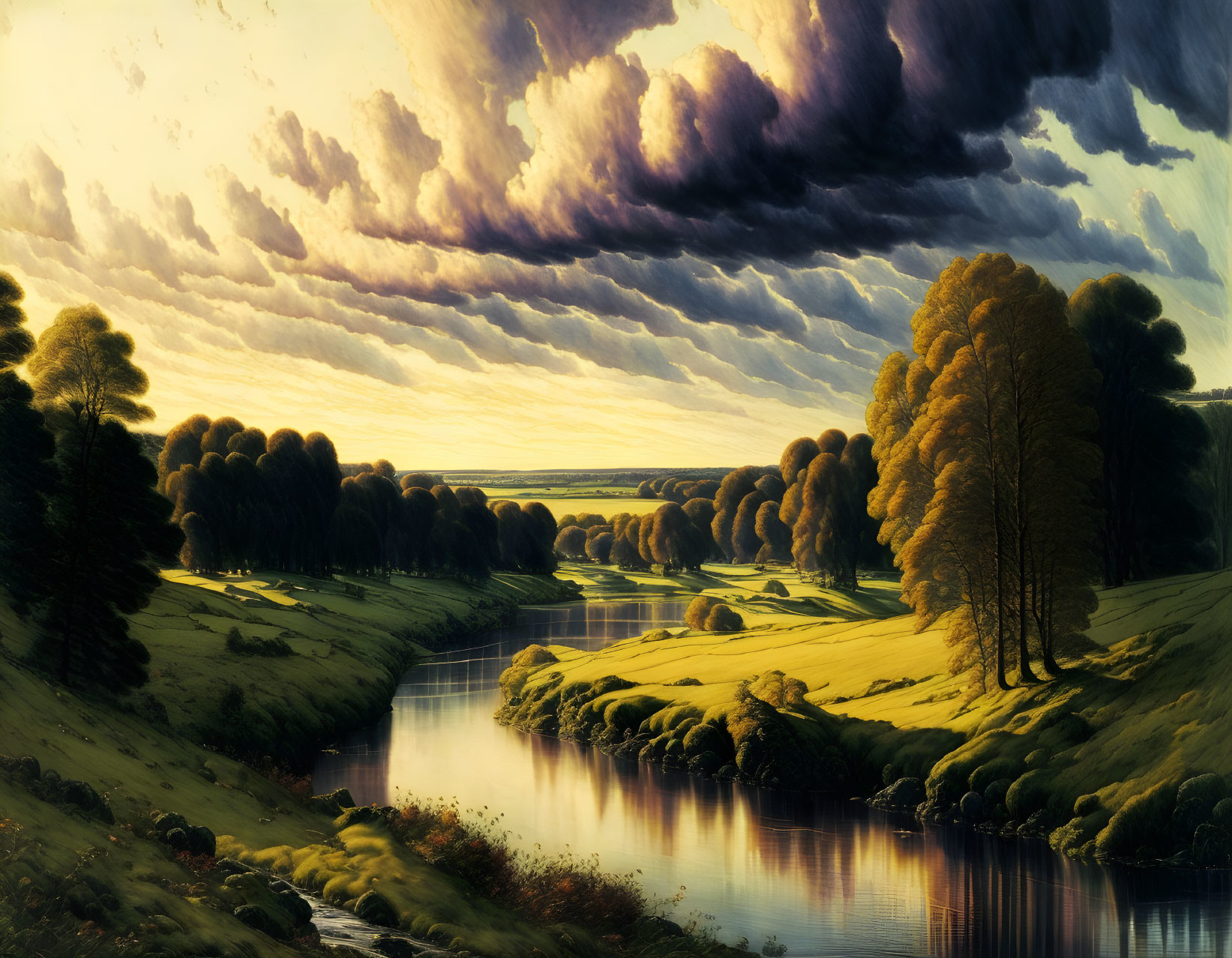 Scenic pastoral landscape: sunset, rolling hills, meandering river, lush trees, dramatic clouds