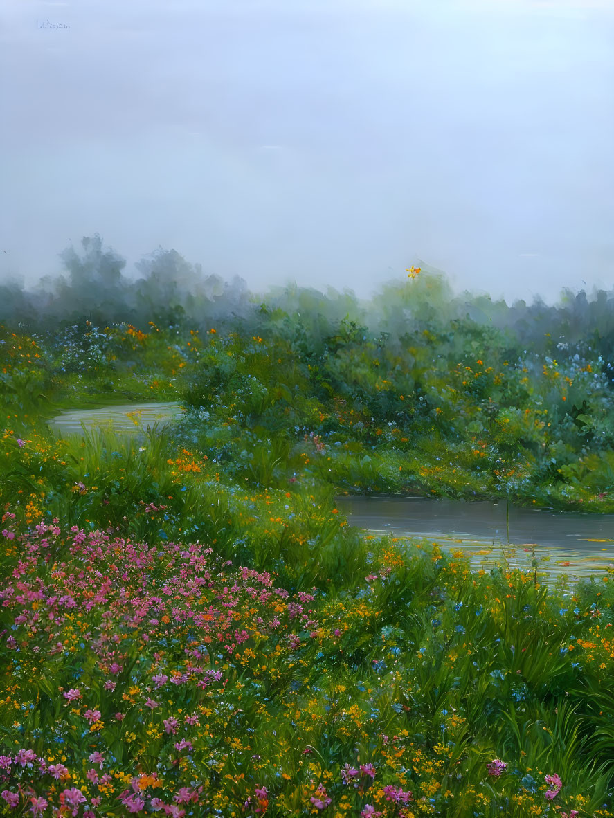 Tranquil landscape painting of lush meadow with vibrant wildflowers under misty sky