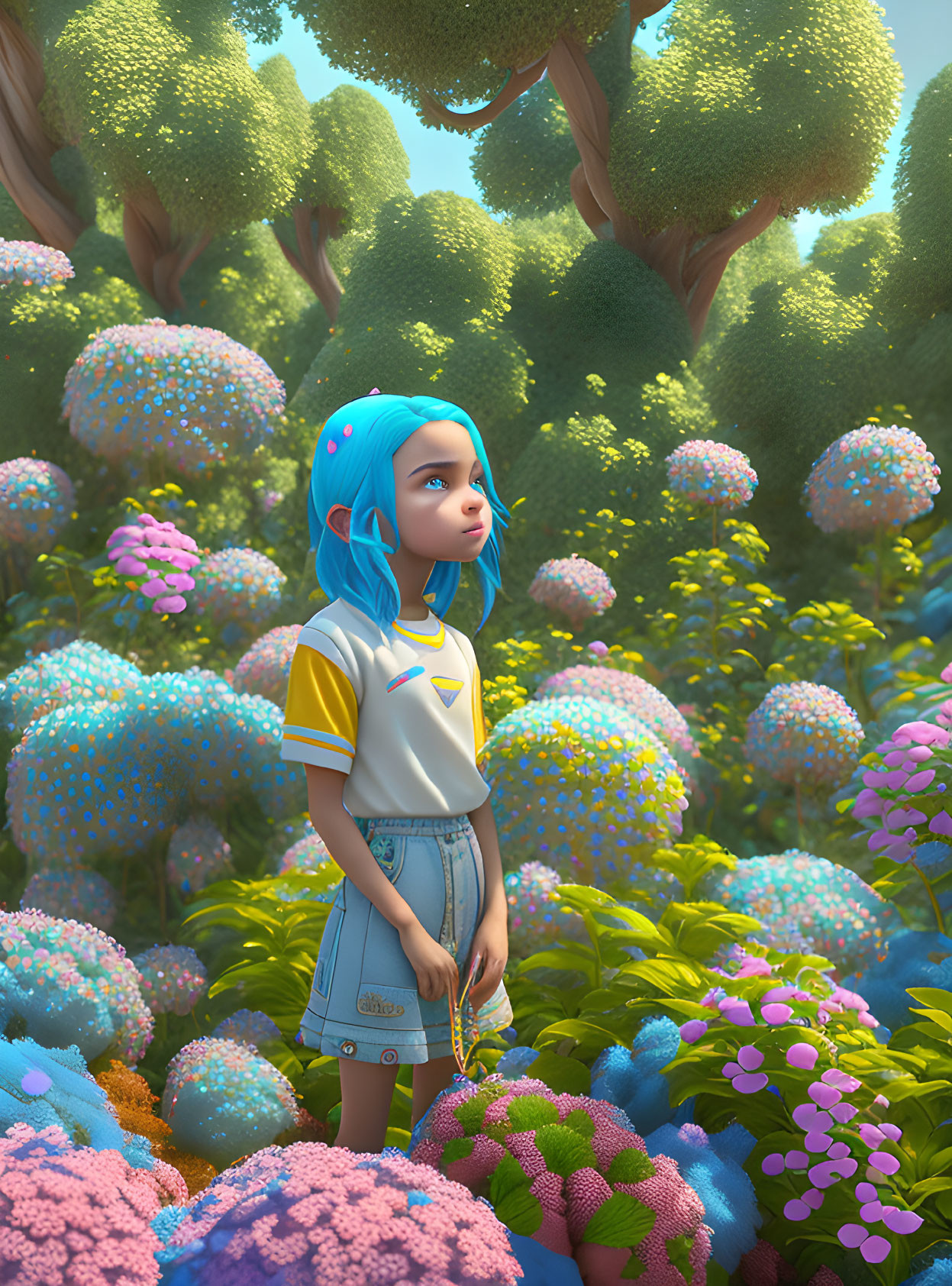 Vibrant digital illustration: young girl with blue hair in fantasy forest