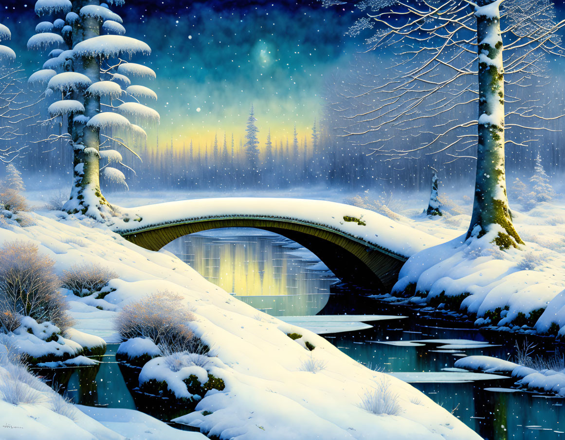 Snowy Dusk Scene: Arched Bridge, Still River, Snow-Covered Trees