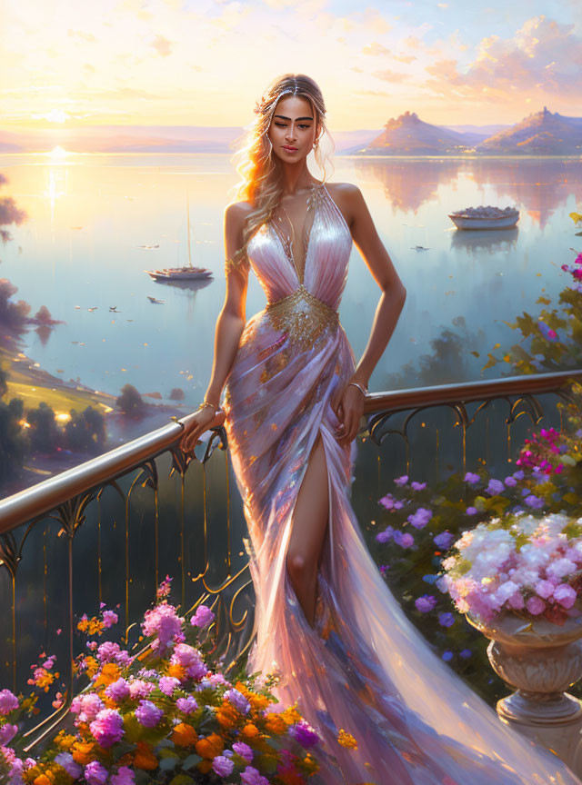 Woman in elegant gown on balcony overlooking serene lake at sunset