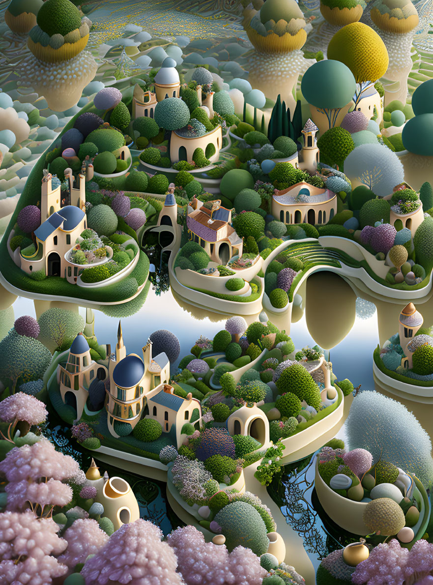 Surreal landscape with fantastical structures and winding paths