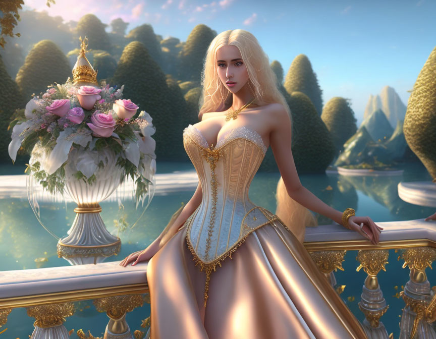 Animated woman in golden corset gown on balcony with lush scenery.