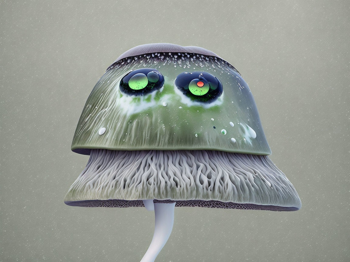 Whimsical mushroom illustration with cartoonish eyes and water droplets