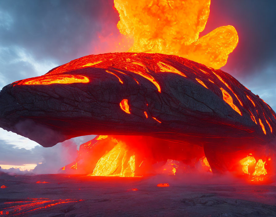 Volcanic eruption with lava under dark, cloudy sky