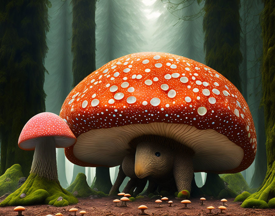 Whimsical illustration of oversized mushroom and small elephant in magical forest