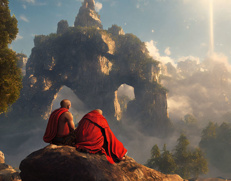 Mystical mountain landscape with figures in red cloaks