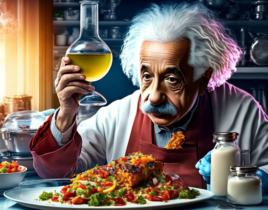 Scientist caricature with Einstein-like features and food items in the image.