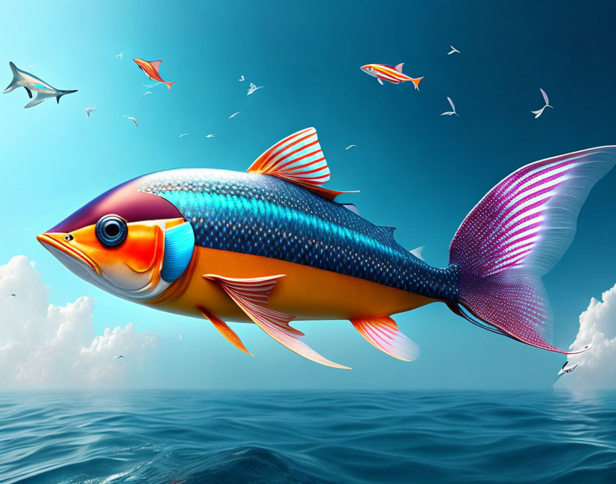 Colorful Oversized Fish Swimming in Calm Ocean with Flying Fish and Blue Sky