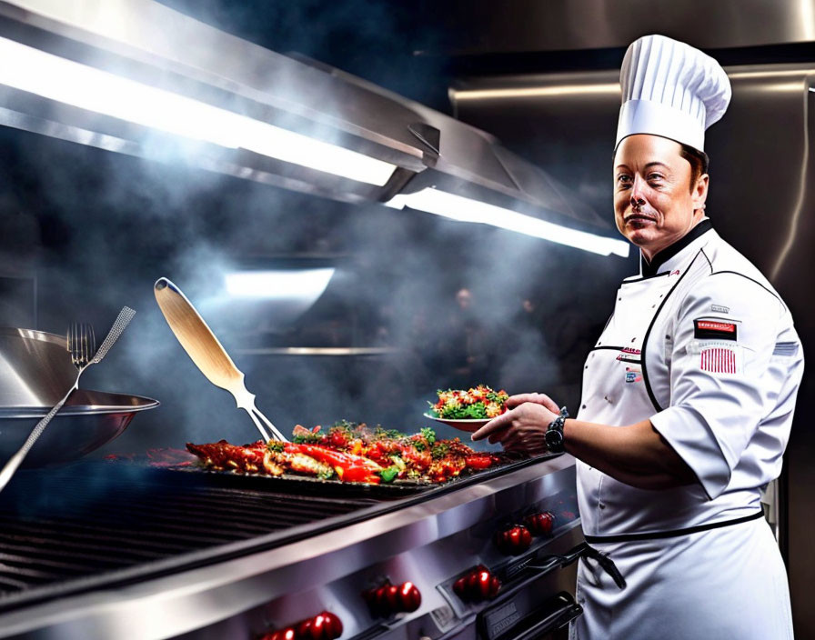 Professional Chef Cooking on Grill in White Uniform and Tall Hat in Kitchen