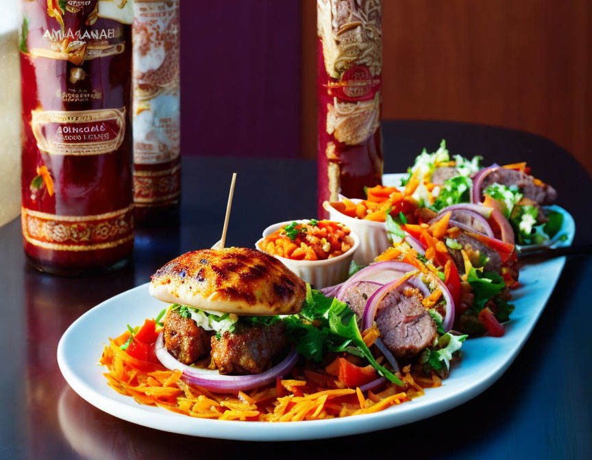 Sliced Meat Sandwich with Rice, Salad, and Condiments on Dark Wood