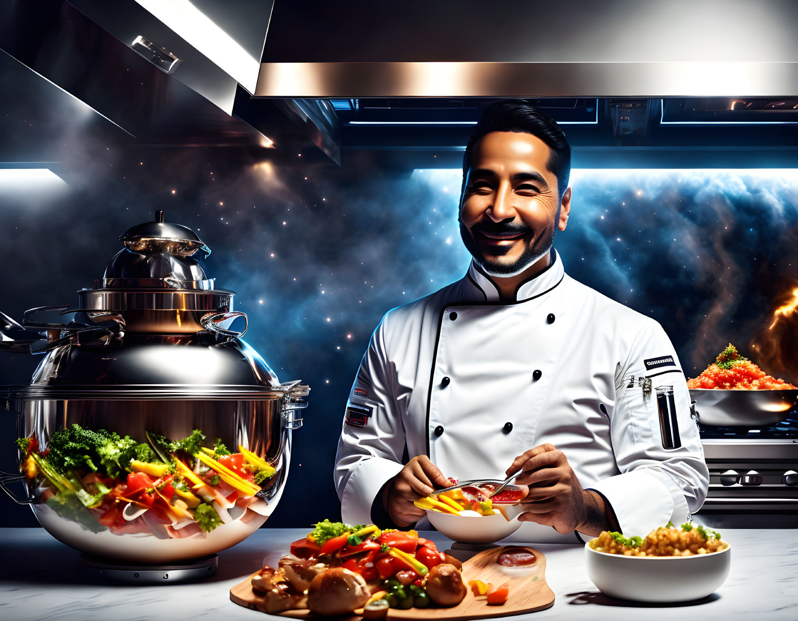 Chef adding garnish in modern kitchen with colorful vegetables