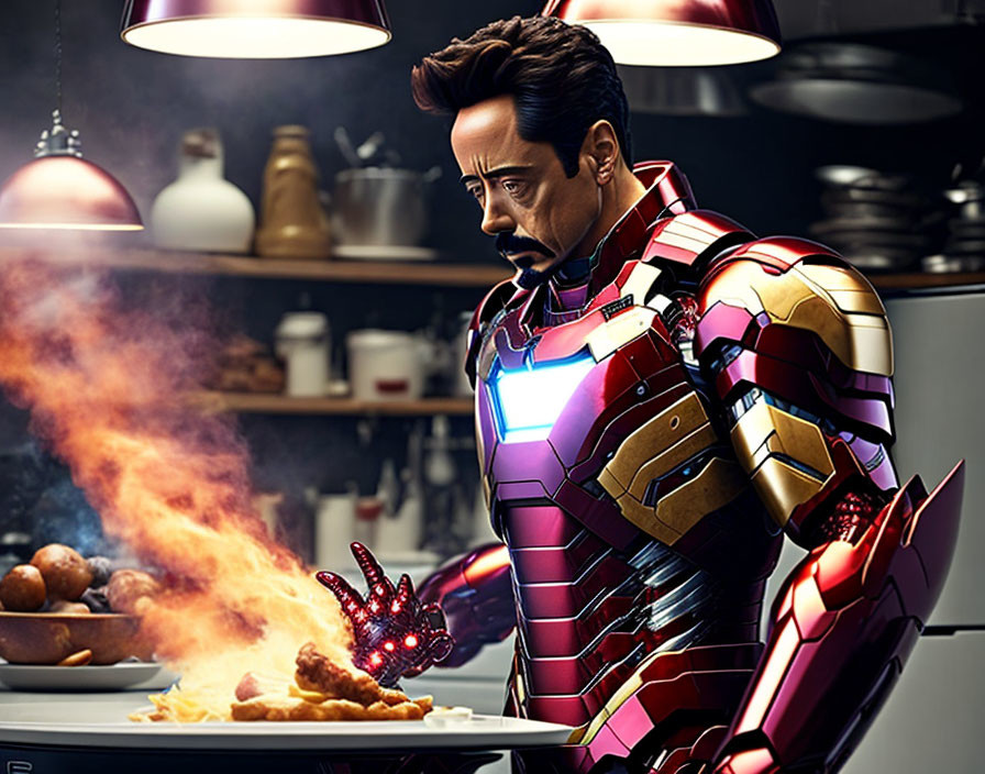 Superhero in armor cooks in kitchen with smoke rising from pan