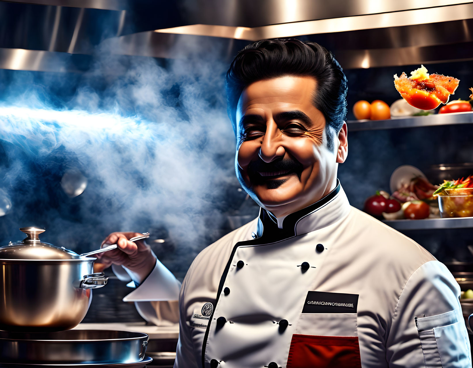 Illustrated Chef with Mustache Smiling and Cooking in Vegetable-Filled Kitchen