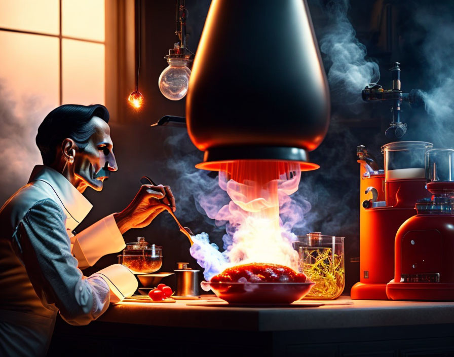 Mad scientist conducting colorful experiment in dark laboratory