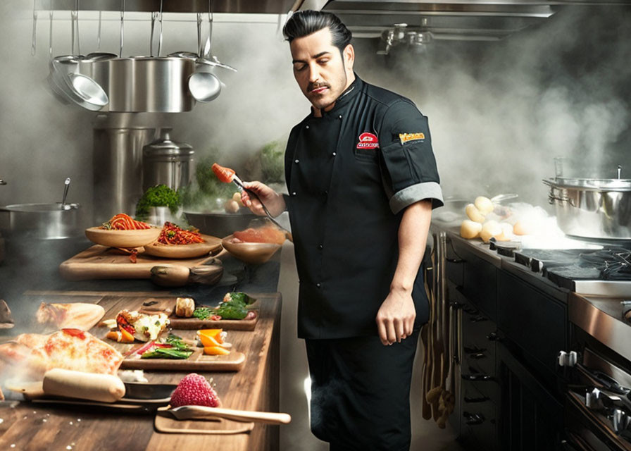 Chef in Black Uniform Inspects Food in Busy Kitchen