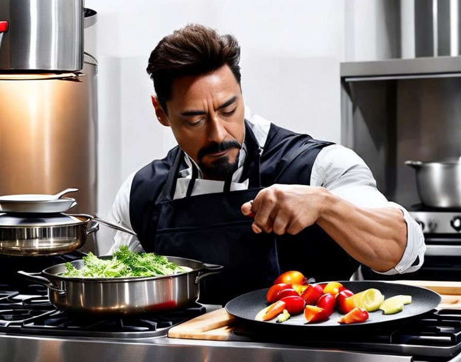 Person cooking in kitchen, wearing apron, seasoning food on stove with vegetables.