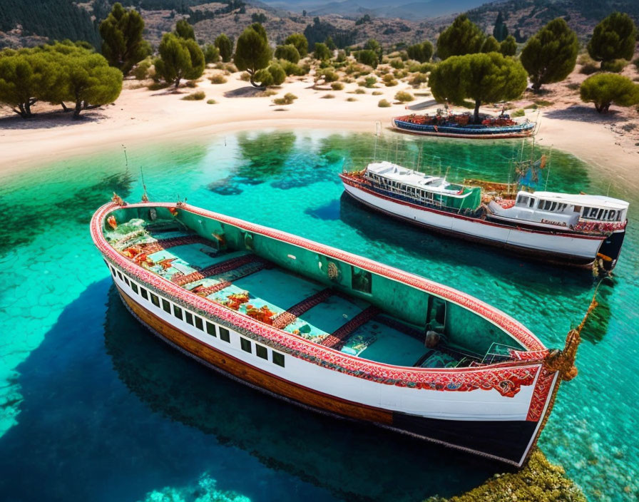 Tour boats anchored in turquoise water near sandy beach and lush green trees