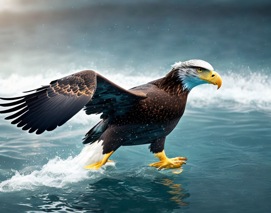 Spread-winged eagle standing on water with ripples, blurred background