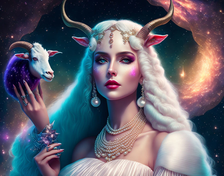 Fantastical woman with ram horns and cosmic makeup holding a galaxy, accompanied by a celestial goat