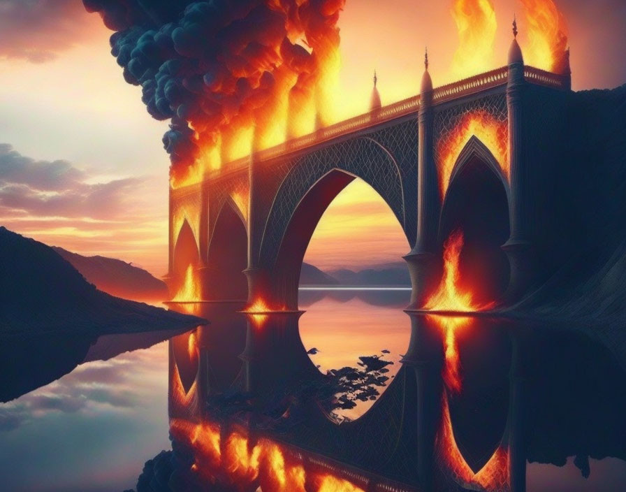 Ornate Arched Bridge Against Smoky Sunset Sky