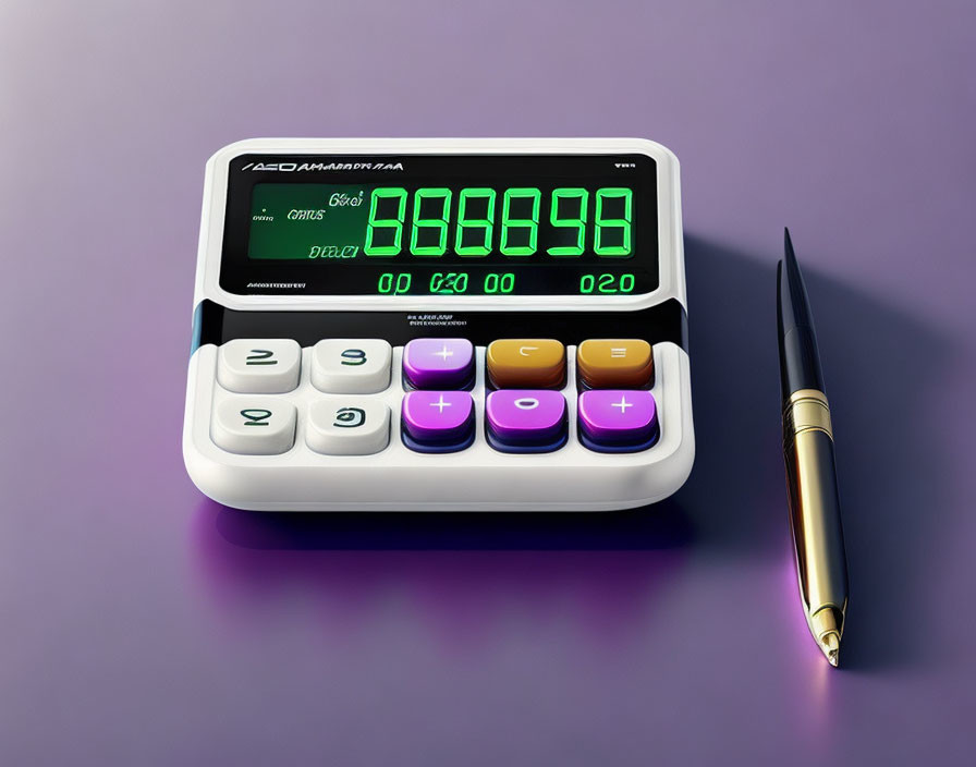 Digital calculator with black and gold pen on purple surface