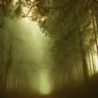 Misty forest with sunbeams and magical glow