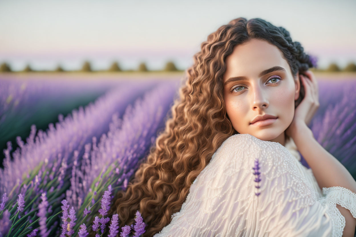 Curly-Haired Woman in White Dress in Lavender Field at Sunset