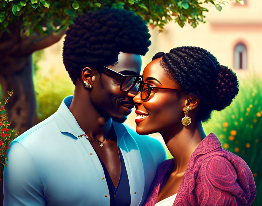 Illustration of smiling couple with dark hair touching noses, wearing glasses, set in colorful outdoor background