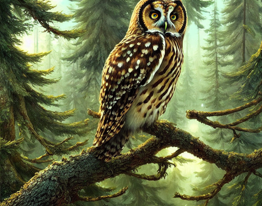 Detailed illustration: Brown and white owl on tree branch in misty forest with sun rays.