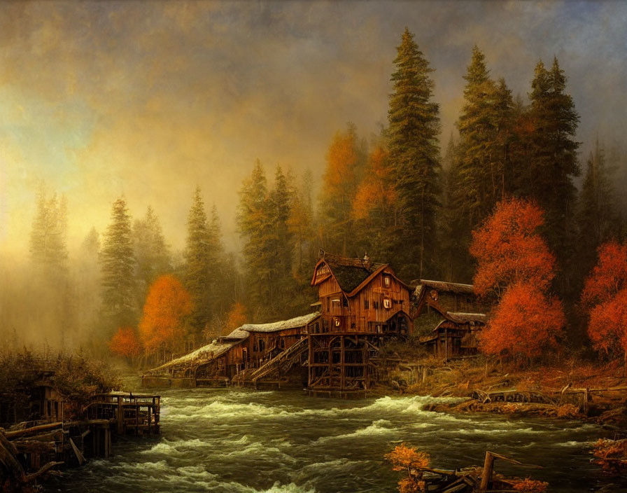 Rustic cabin by misty autumn river in vibrant forest