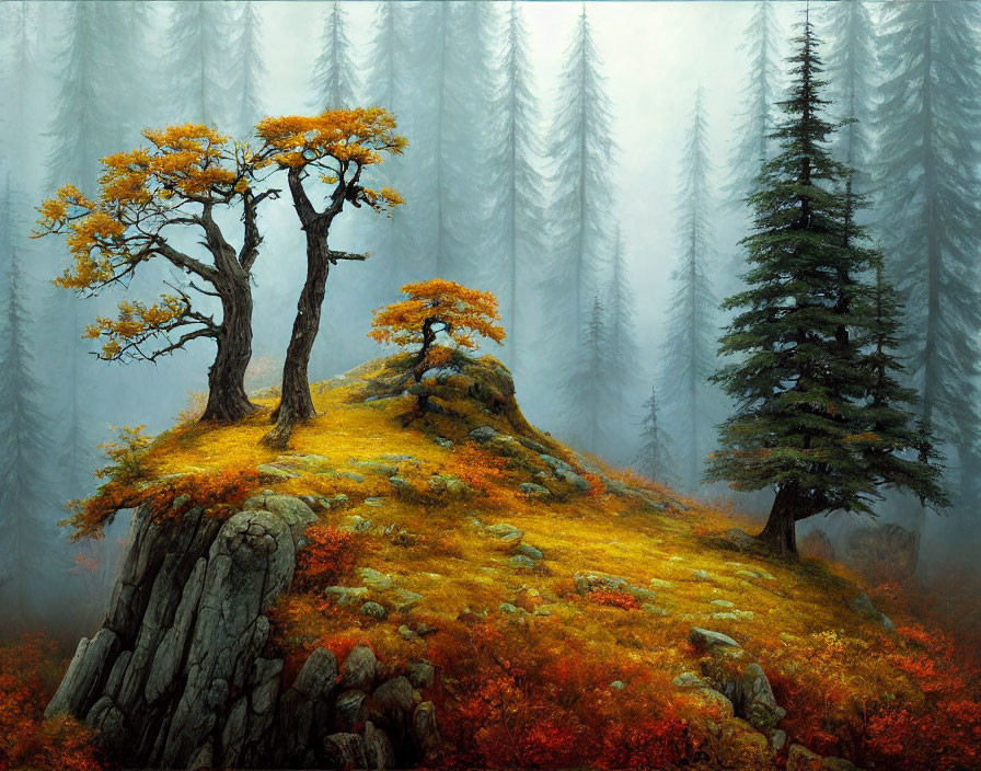 Vibrant autumn forest with two distinct trees in misty setting