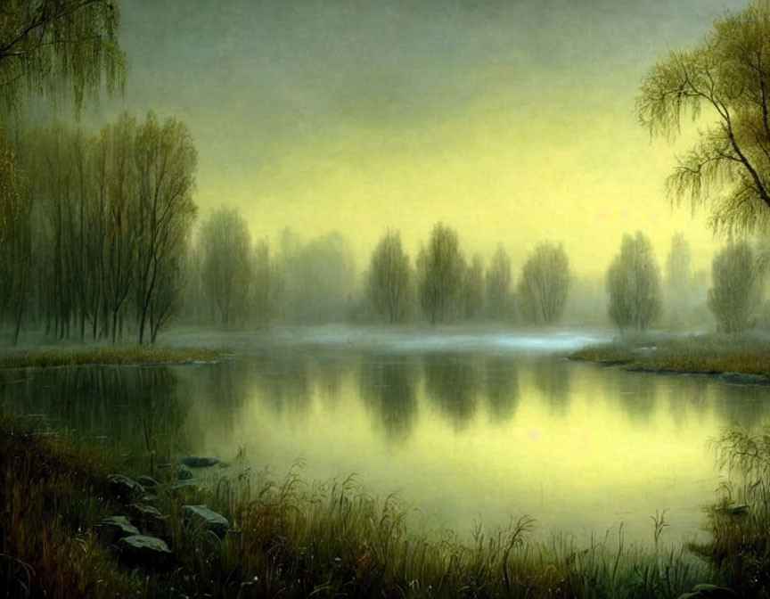 Tranquil landscape painting of misty lakeside at dawn or dusk