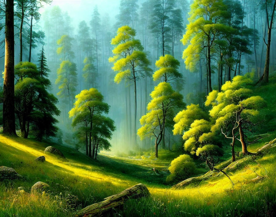 Lush Forest Scene with Sunlight and Mist