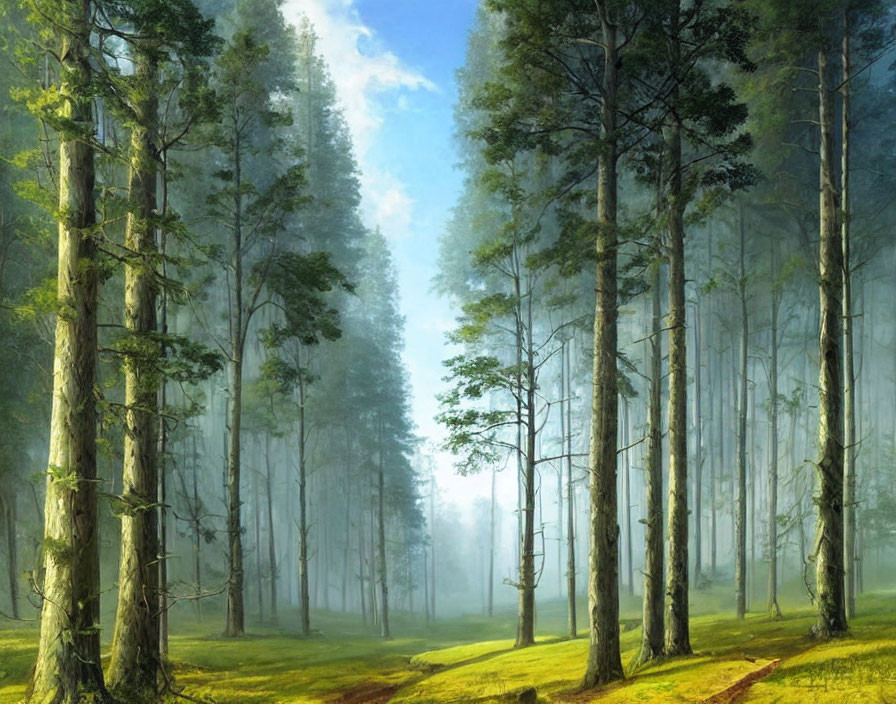 Serene forest clearing with sunlight filtering through tall trees