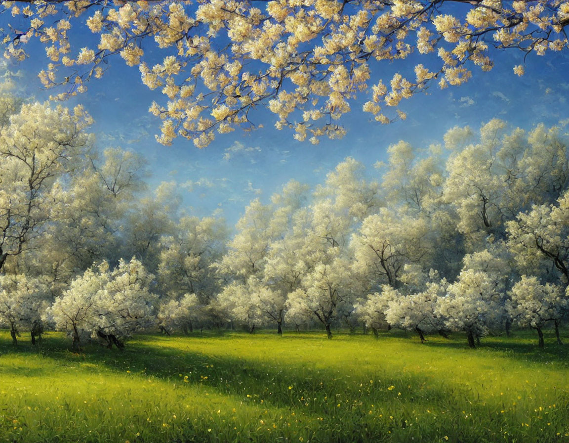 Tranquil Spring Landscape with Blooming White Trees