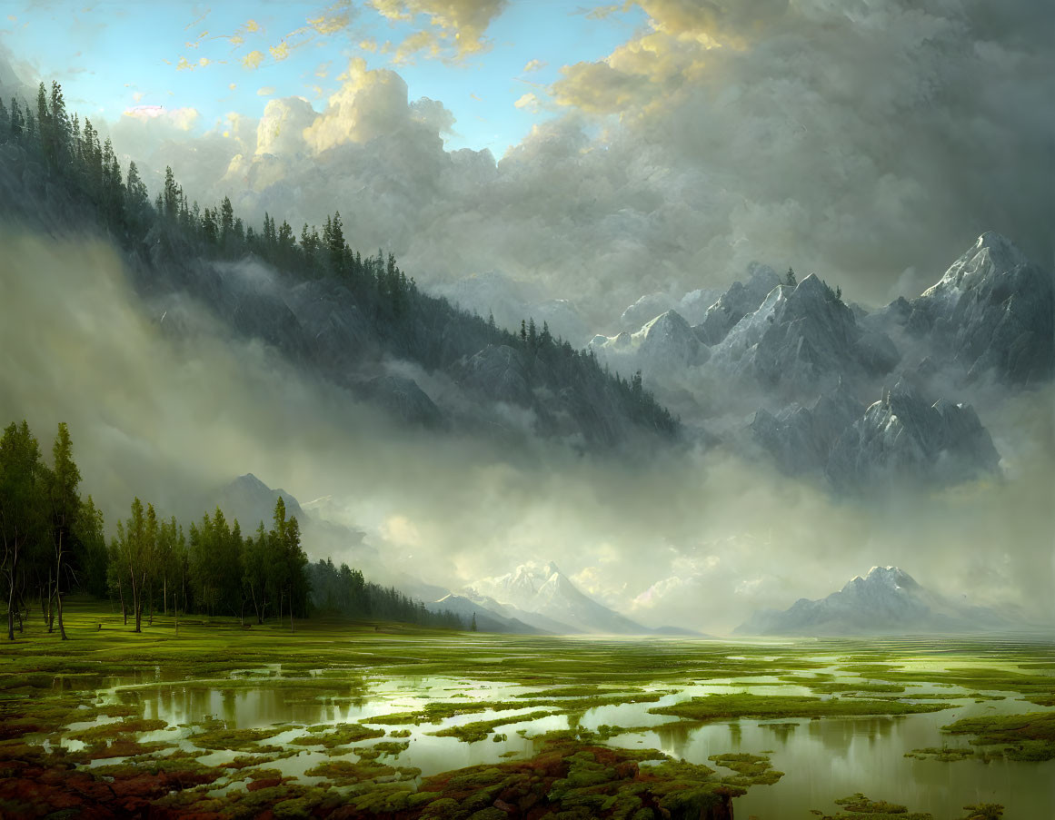 Tranquil landscape: misty mountains, lush forest, calm lake under cloudy sky