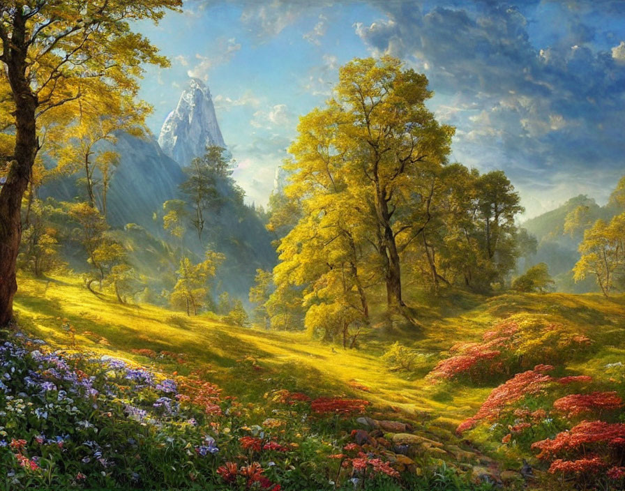 Scenic landscape with lush greenery, wildflowers, forest path, and mountain