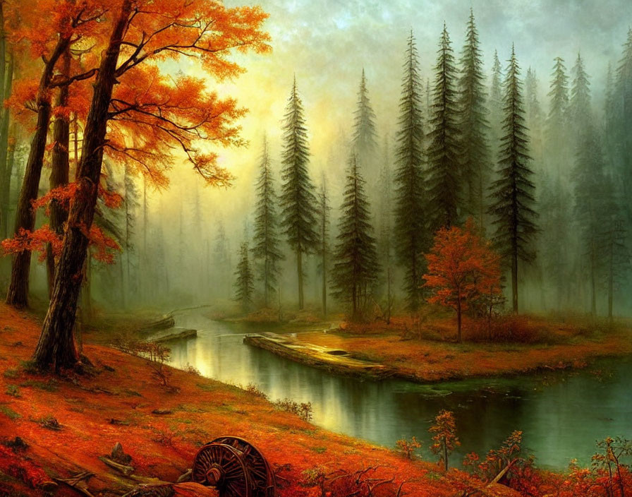 Misty river and autumnal forest with pine trees and orange leaves