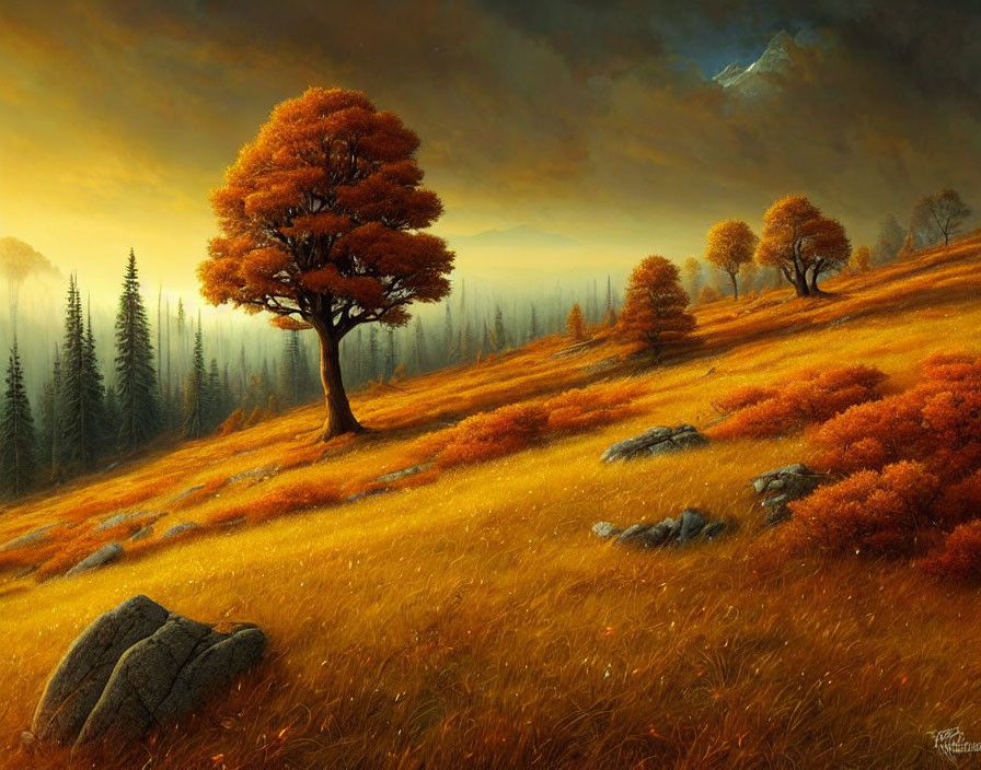 Vibrant orange tree in tranquil autumn landscape