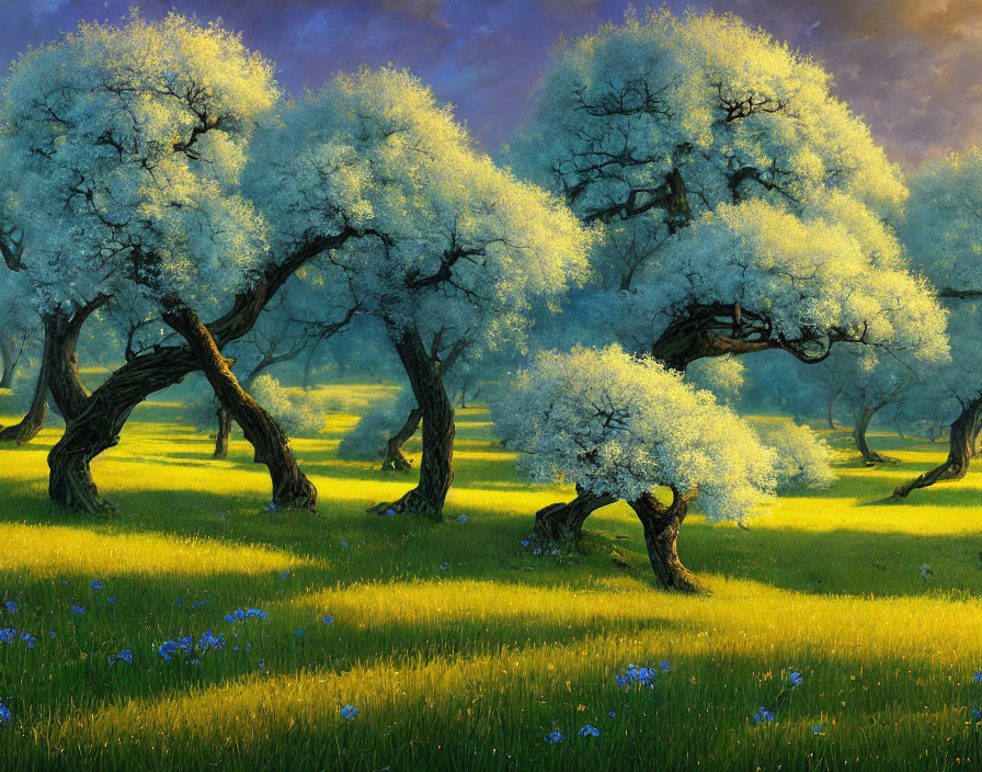 Twisted trees and white blossoms in a vibrant landscape