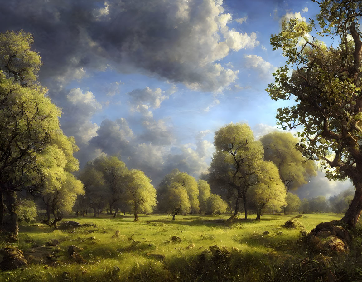 Scattered trees in lush green meadow under dynamic sky