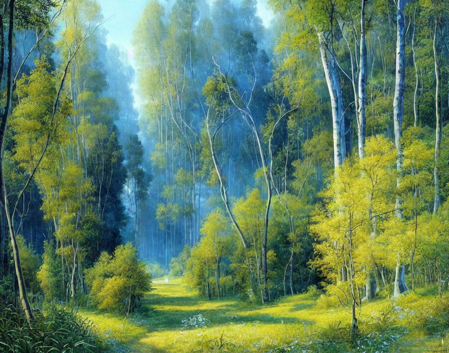 Tranquil forest path with slender trees and vibrant foliage